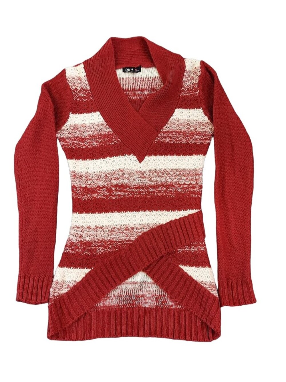 Love By Chesley Women's Knit Faux Wrap Sweater Red White Striped Form Fit Size S